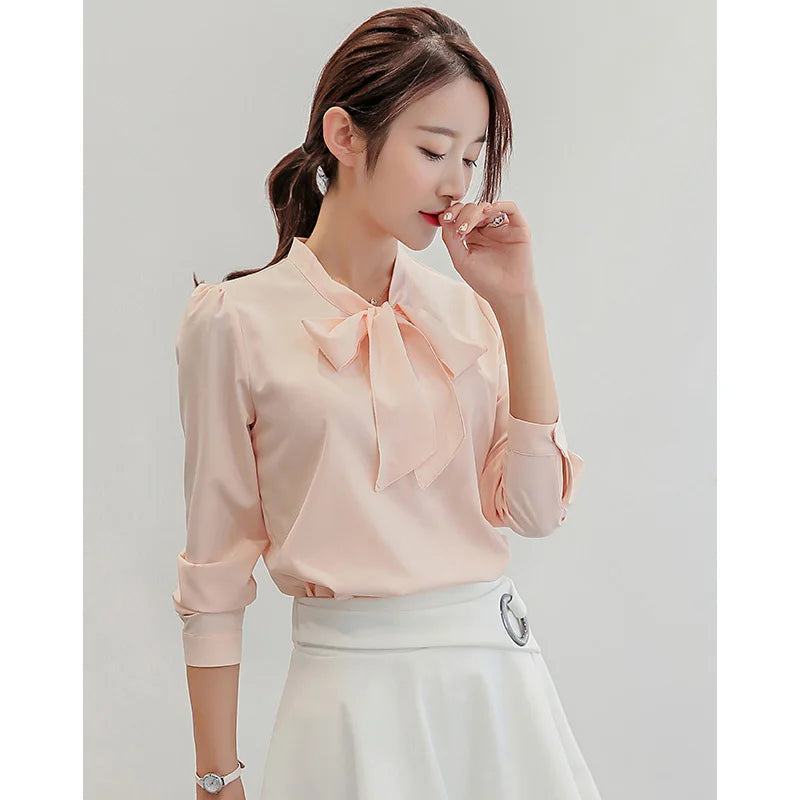 Spring Autumn The New Korean Casual Chiffon Blouse Shirt Pink White Office Women Shirt Chiffon Women Tops