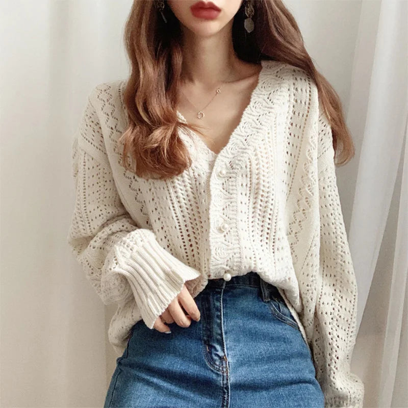 2023 Women Spring Summer Sweater and Cardigans Low V-Neck Knit Tops Long Sleeve Hollow Out Sexy Cardigan Loose White Tops