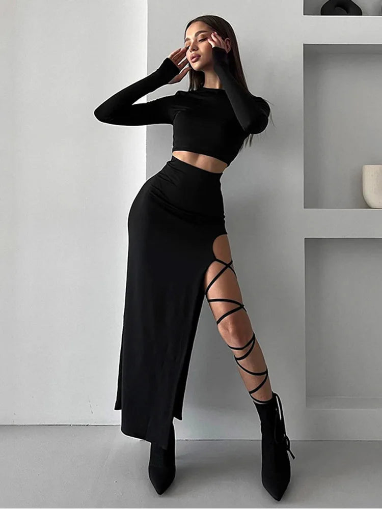 Pullover Long Sleeve Simple Crop Top Elastic Waist Halter High Split Legless Sexy Tie Solid Colour Half Skirt Set
